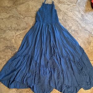 Aqua maxi dress smocked halter Swiss dot woman’s medium boho peasant ruffle